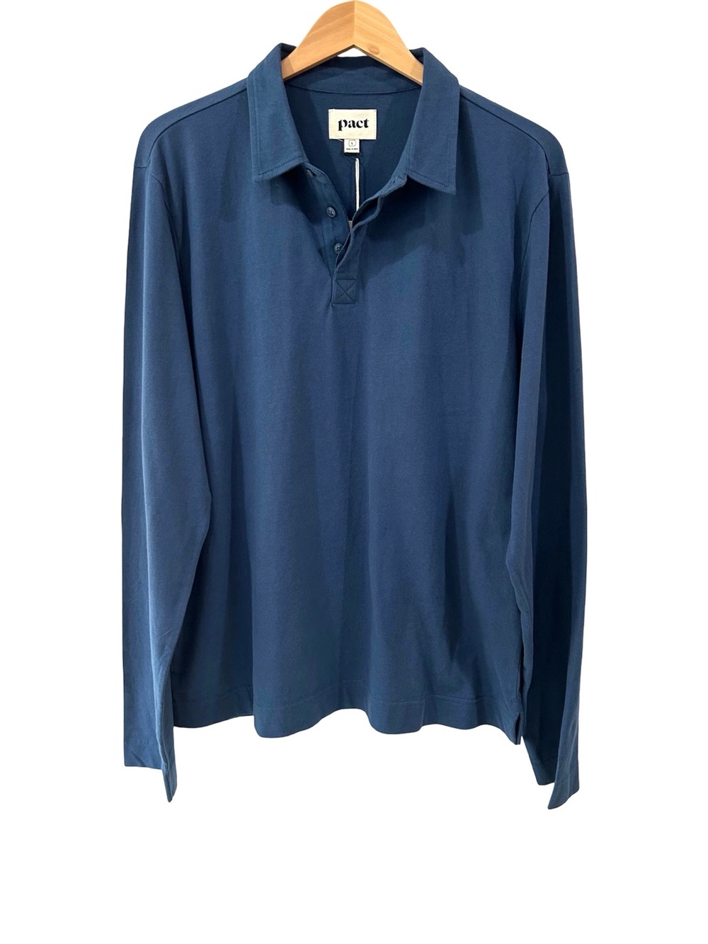 Pact men’s Long Sleeve Jersey Polo Shirt L French navy blue organic cotton NWT